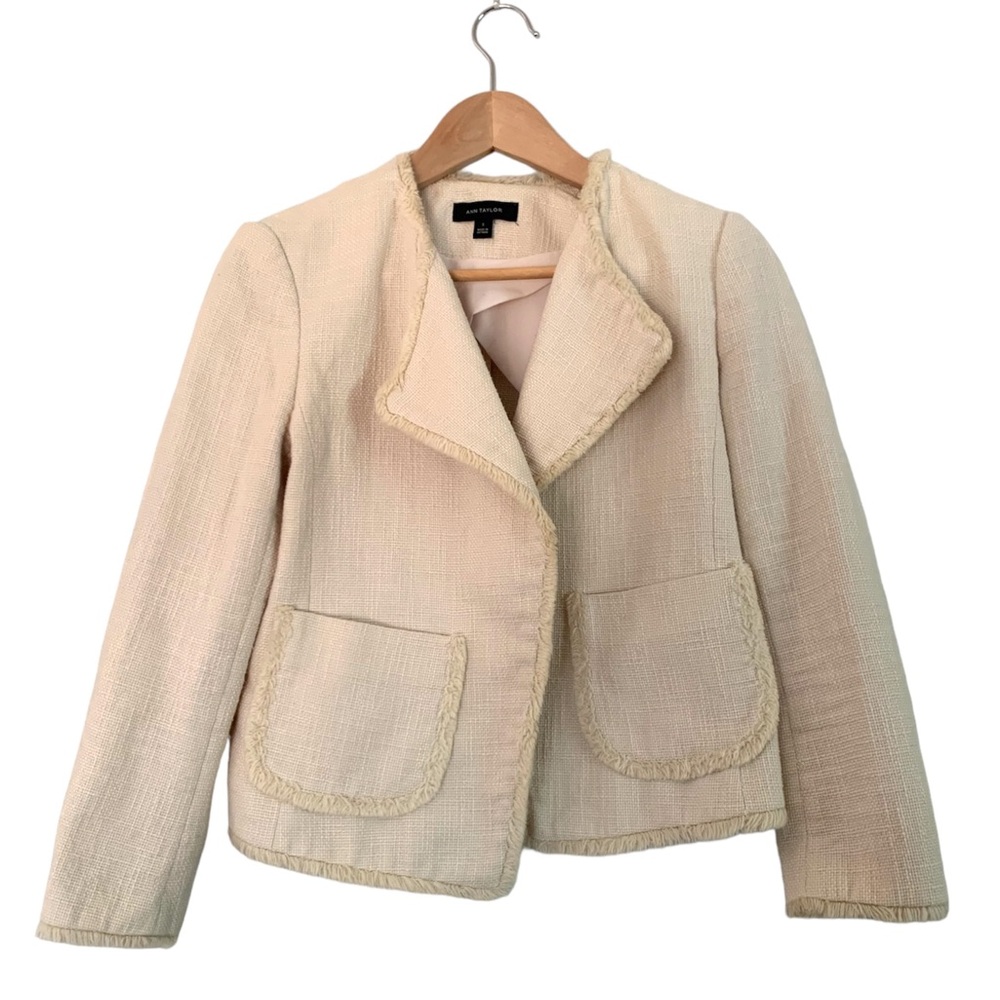 Ann Taylor Beige Frayed Hem Tweed Blazer Jacket